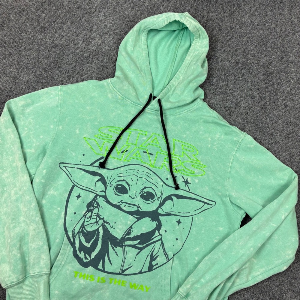 Star Wars Grogu The Mandalorian Acid Wash Hoodie Mint Green Mens Size Small